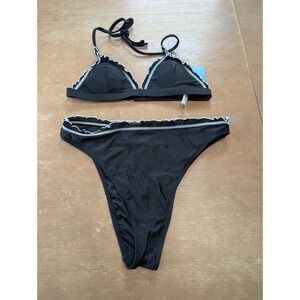 CUPSHE Black Ruffle Trim Bikini Swimsuit Set Triangle Top High Cut M/L